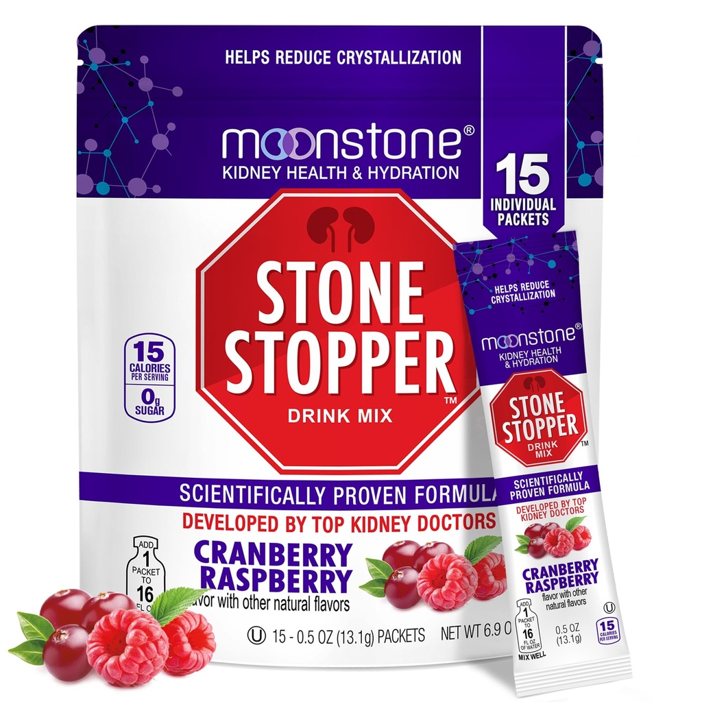 Moonstone Stone Stopper Drink Mix, Cranberry Raspberry, Niersteen Preventie, Calcium Oxalaat Beschermer, Ontwikkeld door Urologen om Hydratatie en Ondersteuning Niergezondheid te verbeteren, 15 dagen Levering