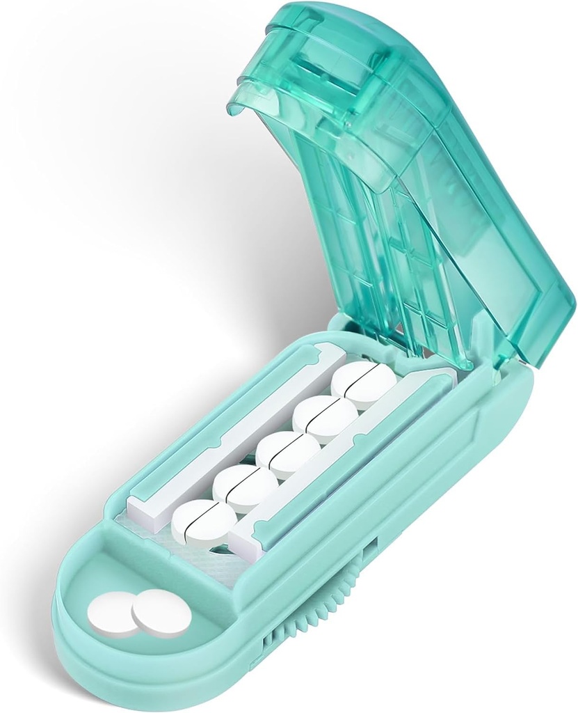 DUBSTAR Pill Cutter Splitter voor kleine en kleine pillen, Meerdere pil snijders voor kleine of grote pillen, verstelbare pil splitter met centrerend apparaat en bladbeschermer voor Multi Tablets (Cyaan)