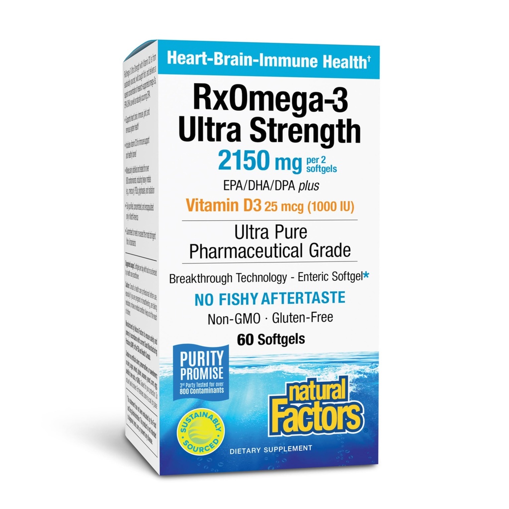 Natuurlijke factoren RxOmega-3 Ultra Kracht - Dieetsupplement voor Brain & Heart Health Support - Eye Health Supplement met EPA & DHA - Supplement met Omega-3 vetzuren - 60 Softgels (30 porties)