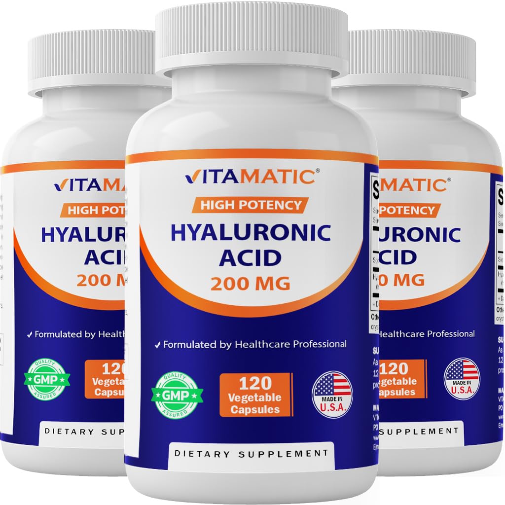 Vitamatic 3 Pack Hyaluronzuursupplementen 200mg - Ondersteunt gezonde Connective Weefsel en gewrichten - Bevorderen Jeugdige Gezonde Huid - Totaal 360 Capsules
