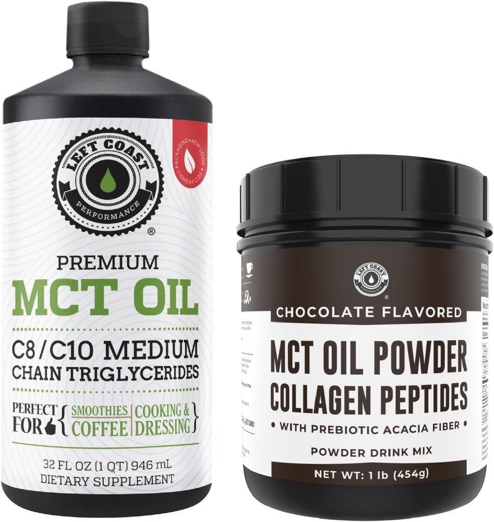 Linkse Coast Performance 100% Kokosnoot MCT Olie Vloeistof, 32oz + Chocolade Keto MCT Poeder, Collageen & Prebiotic Fiber, 16oz