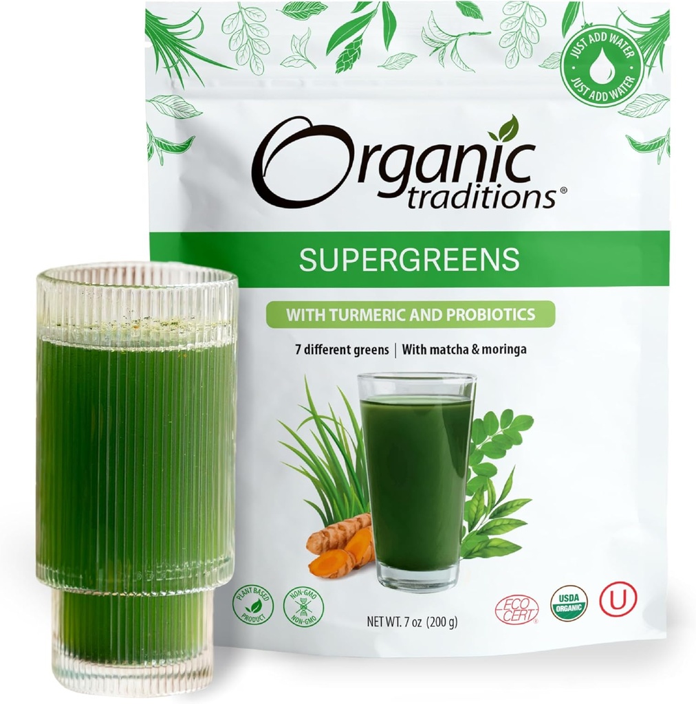 Biologische Tradities Supergroen Poeder Superfood met Kurkuma, Biologische Groenen Superfood Poeder, 200g / 7oz Tas