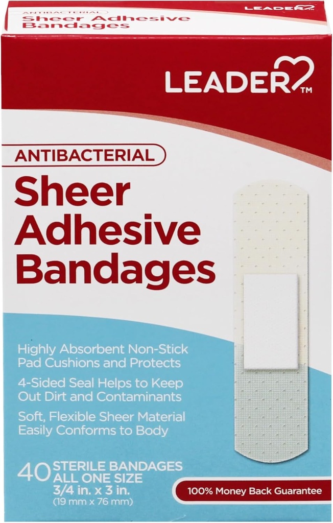 LEADER Steriele Sheer hechting Bandages, Latex Free, Blends met de huid, helpt bij het voorkomen van infectie, comfortabele bescherming voor eerste hulp en wondverzorging (3/4" x 3," 40 Tel)