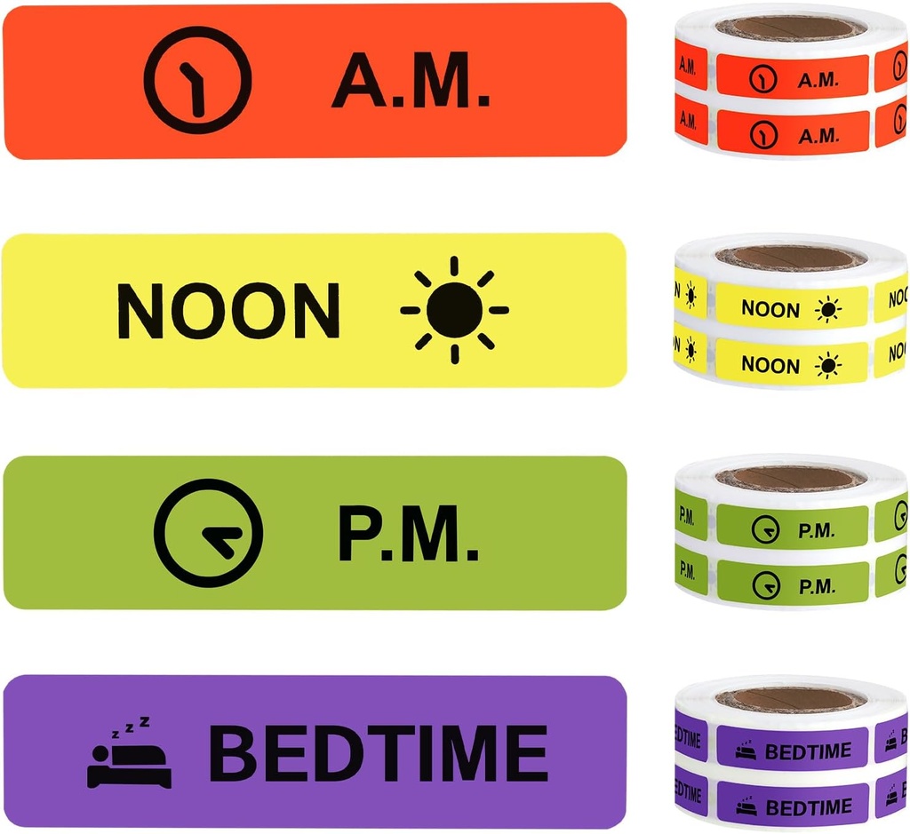Medicine Stickers Medication Instruction Label Permanent Paper Label AM NOON PM Bedtime for Pill case Planner 0,4 * 1,6inch (500 per Roll 4 Pack)