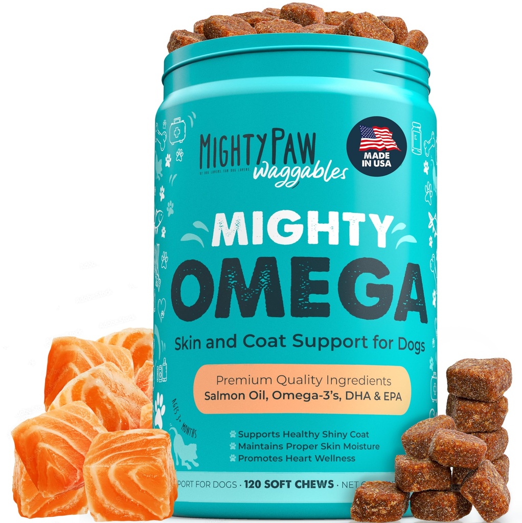Mighty Paw Waggables Mighty Omega (Made in The USA, 120 Count)  Zalm smaak huid en jas supplement. Zachte kauwvisolie voor honden - DHA & EPA, spek smaak