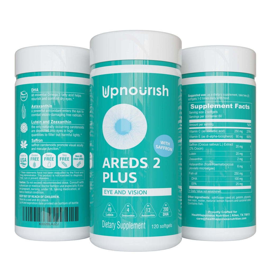 UpNourish AREDS 2 Plus Eye Vitamin Supplement, AREDS 2 Zinc Free Formula with Lutein, Zeaxanthin, Saffron, Astaxanthin & DHA - 120 softgels