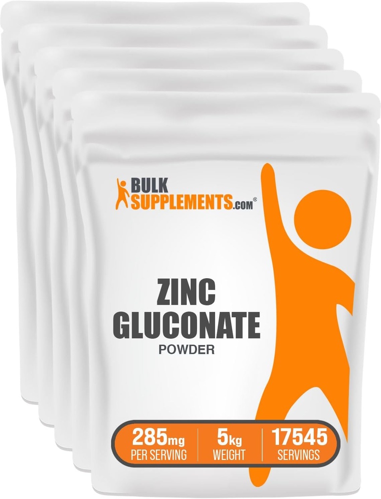 BulkSupplements.com Zink Gluconaatpoeder - Zink 40mg, Zinkpoeder - Zinksupplement voor Immune Ondersteuning - Glutenvrij, 285mg per portie, 5kg (11 lbs) (verpakking van 5)