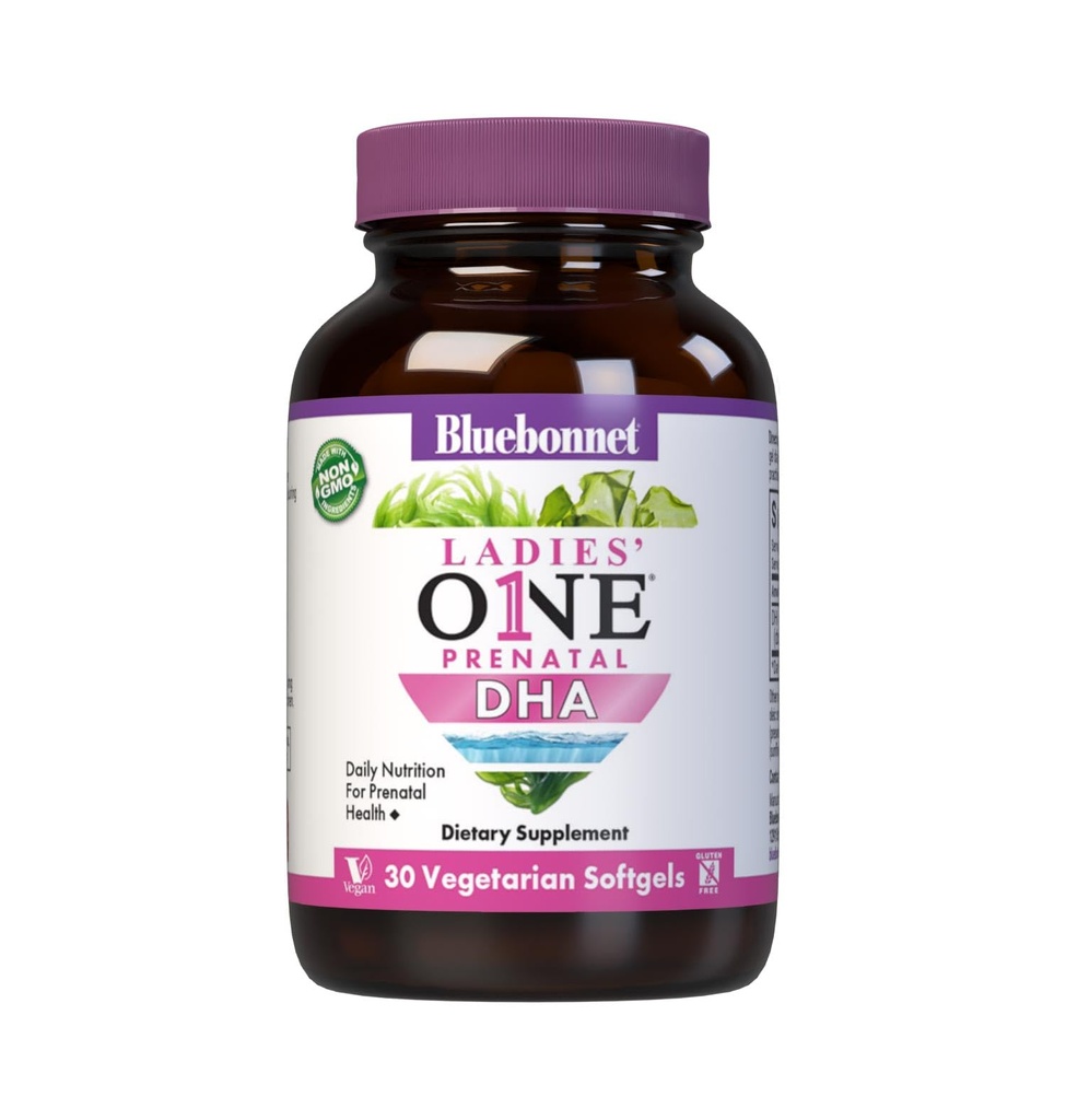 Bluebonnet Nutrition Ladies' One Prenatale DHA, Dagelijkse Voeding voor Prenatale Gezondheid*, Non-GMO, Veganistisch, Glutenvrij, 30 Vegetarische Softgels, 30 porties