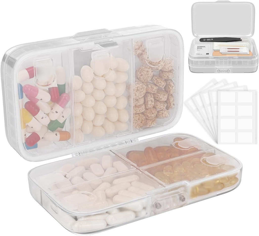 FYYY Weekly Pill Organizer met labels,8 Compartments Travel Daily Pill Case Luchtdichte vochtdichte grote pil Box om vitamines, visolie, supplementen, Cotton Swab en Bandages-Clear vast te houden