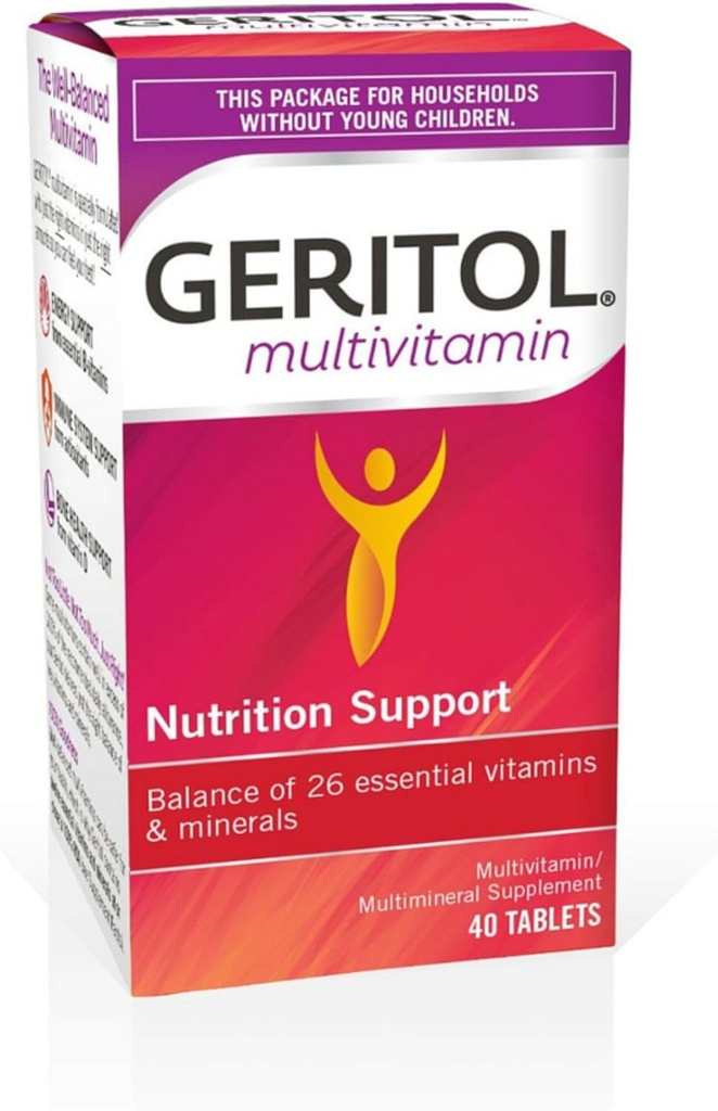 Geritol, supplément multivitamines, contient des vitamines B-vitamines, des antioxydants, des vitamines C, E & D et du fer, 26 vitamines et minéraux essentiels, sans gluten, sans OGM, sans édulcorants artificiels, 40 comprimés