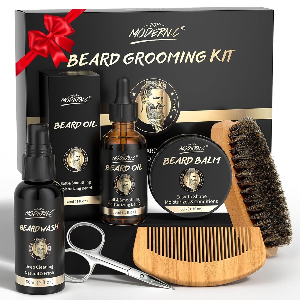 POP MODERN.C Baard Groei Kit Baard Grooming Kit 6st Baard Wash Shampoo Baard Olie Baard Balsem Baard Comb Borstel Schaar