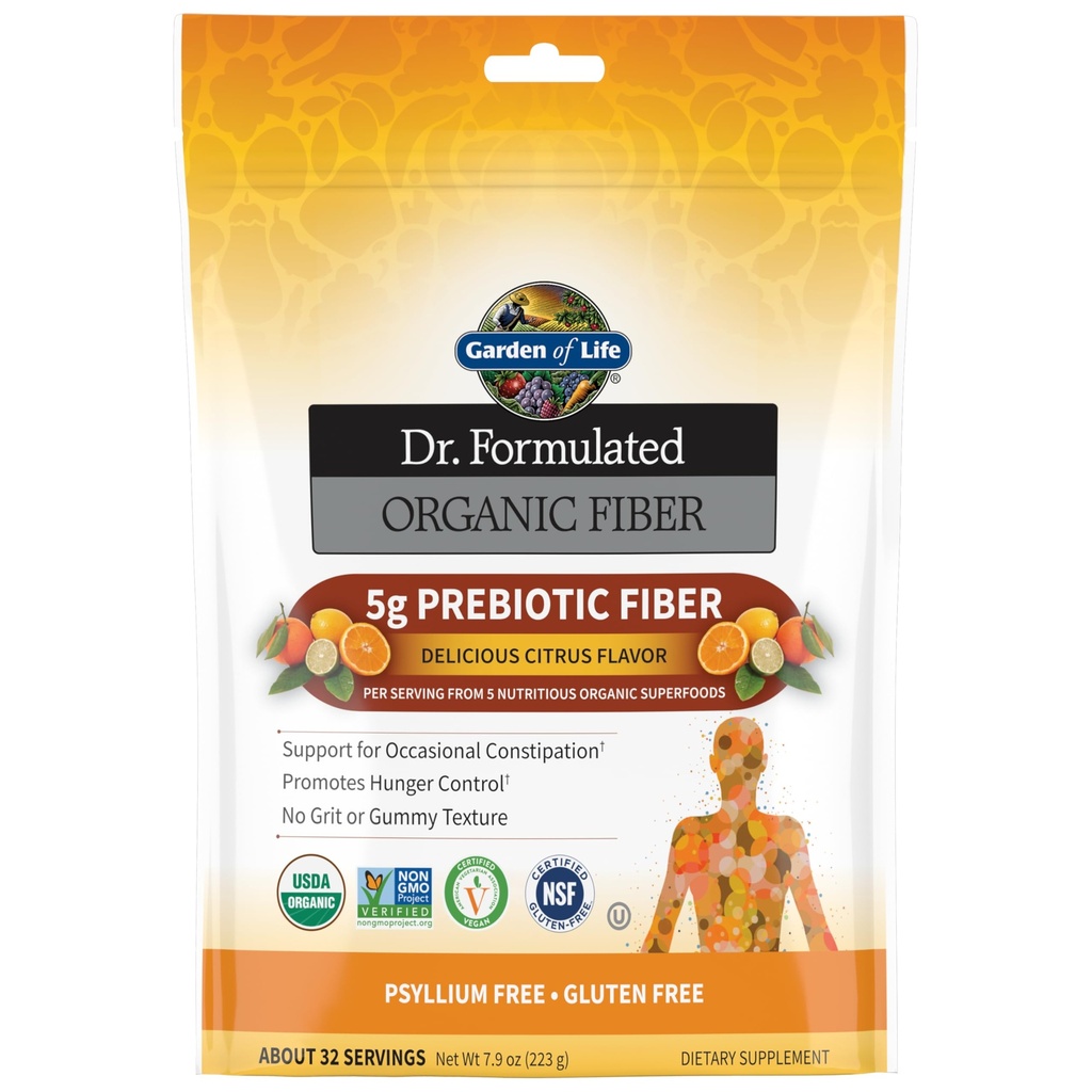 Garden of Life Dr Formulated Organic Fiber Supplement Powder Citrus, Sugar Free, Psyllium Free Prebiotic Superfoods, Constipatie Relief and Hunger Control for Men and Women, 32 Servers