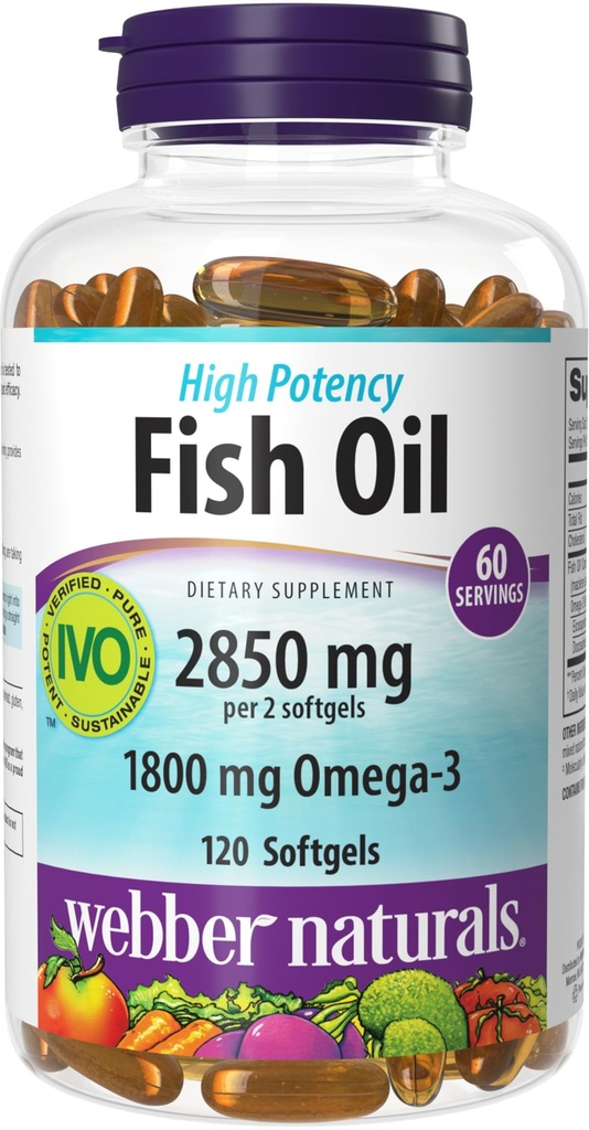 Webber Naturals Visolie 2850 mg, Hoge Potentie, 1.800 mg Omega-3 per Serving, 120 Clear Enteric Softgels, No Fishy Aftersmaak, Ultra-Purified, Ondersteunt Hart, Cognitive, en Joint Health