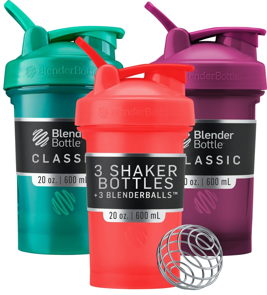 BlenderBattle Classic V2 Shaker Bottle Perfect voor eiwitshakes en pre-workout, 20-Ounce (3 Pack), rood, groen, Plum