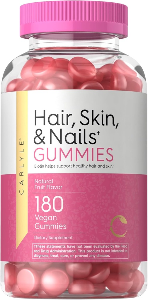 Carlyle Peau et ongles Vitamines 180 Gommies végétaliens Supplément aromatisé aux fruits pour les hommes et les femmes avec Biotin