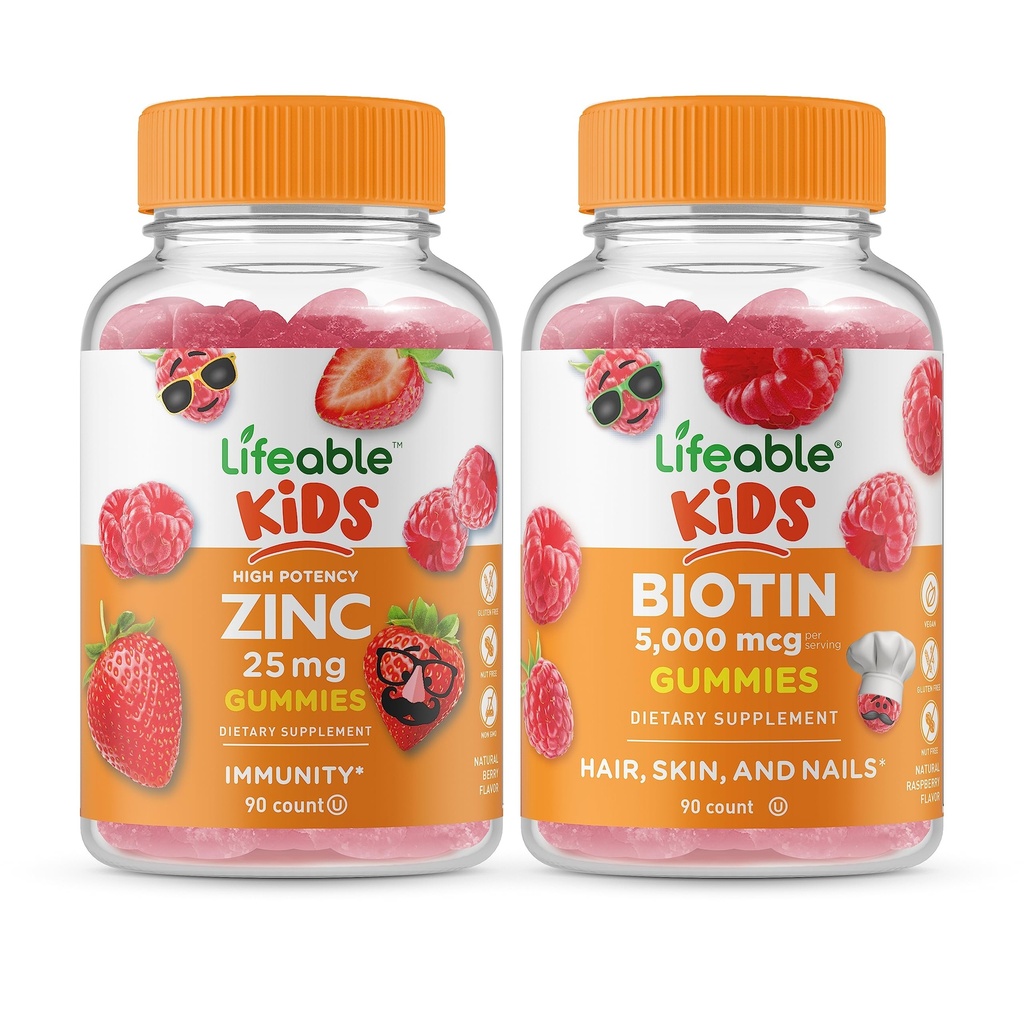 Zinc Lifeable 25mg Enfants + Biotine Enfants, Gummies Bundle - Grande dégustation, supplément de vitamine, sans gluten, sans OGM, gummy à croquer