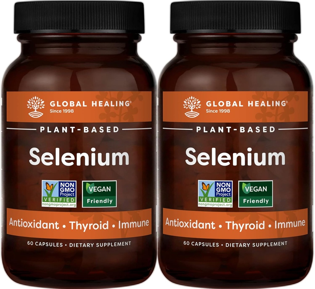 Global Healing Center Selenium 200mcg 2-pack, Pure Selenium Supplement met biologische ingrediënten, antioxidanten voor schildklier en immuungezondheid voor mannen en vrouwen - Meer dan Selenium 100 mcg (60 capsules)