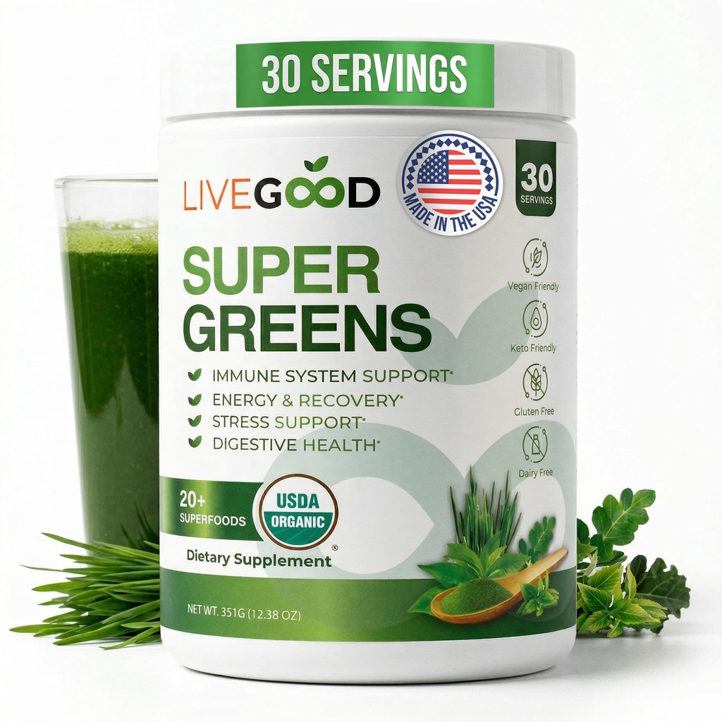 LiveGood Super Greens Poudre Bio Superfood avec Poudre de Graine de Blé, Poudre de Superfood quotidien pour le soutien immunitaire, l'énergie et la désintoxication, Supplément de Jus Vert (30 portions), 12.38 Oz