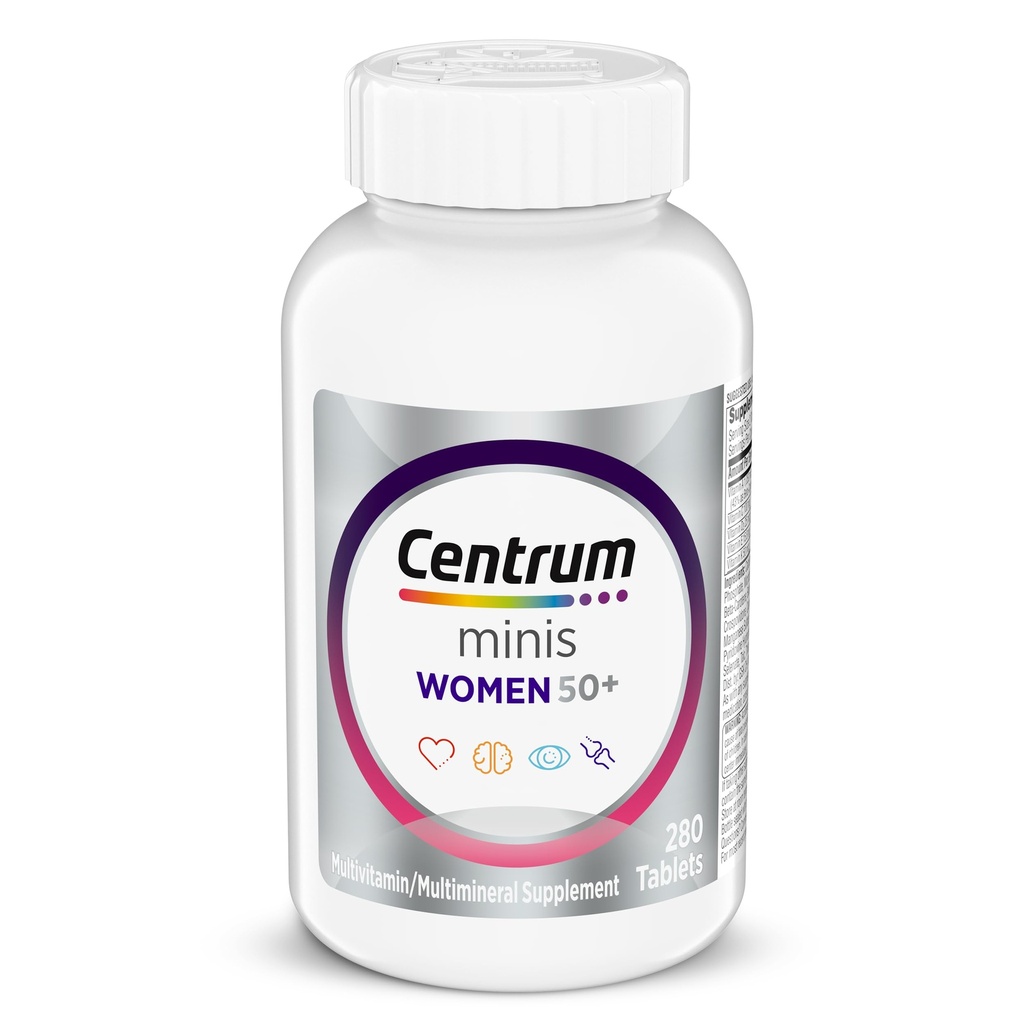 Centrum Minis Silver Women's Multivitamine for Women 50 Plus, Multimineral Supplement met vitamine D3, B Vitaminen, Non-GMO Ingrediënten, Ondersteunt geheugen en cognitie bij oudere volwassenen - 280 Ct