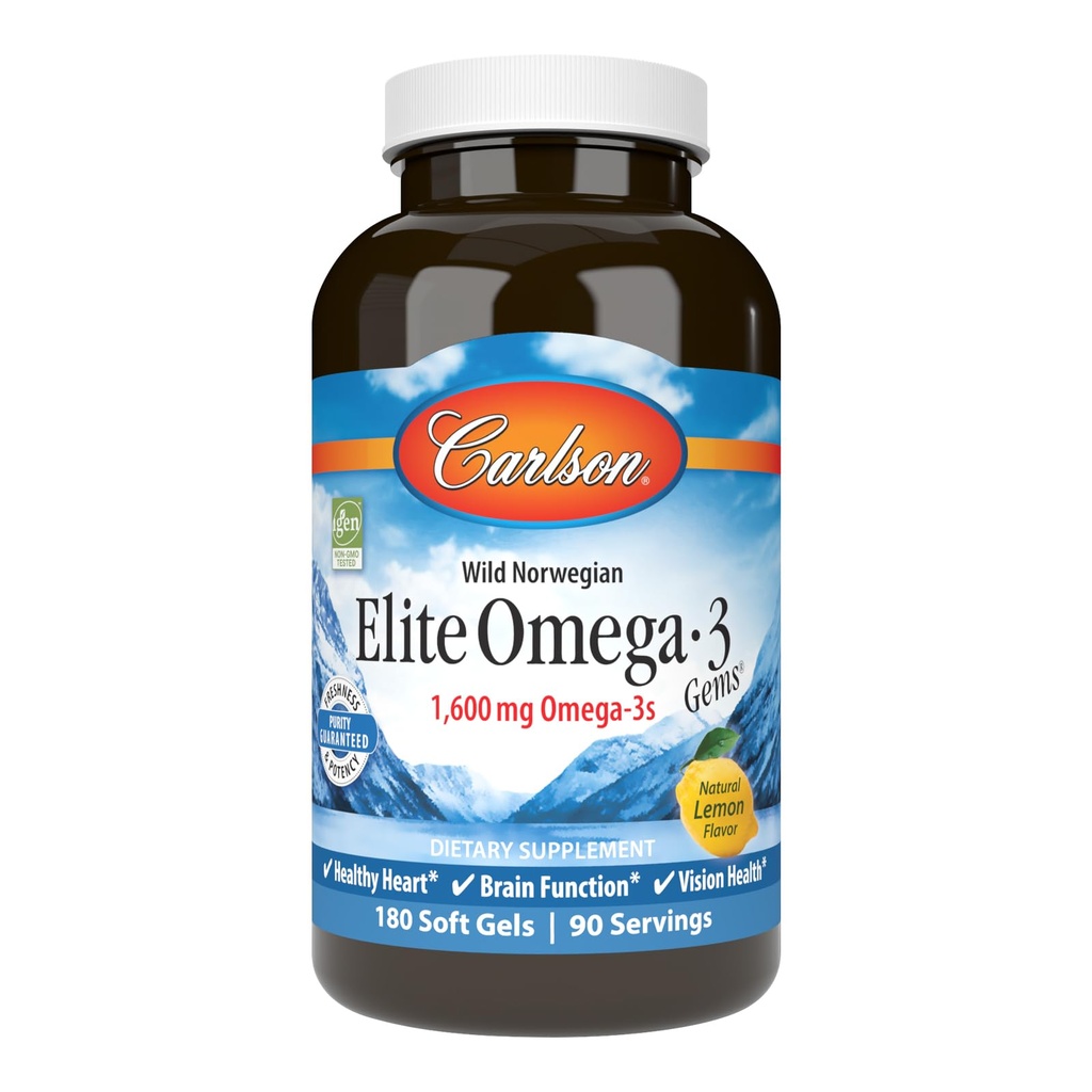 Carlson - Elite Omega-3 Gems, 1600 mg Omega-3 incluant EPA et DHA, Norvégien, supplément d'huile de poisson sauvage, source durable, Citron, 180 Softgels