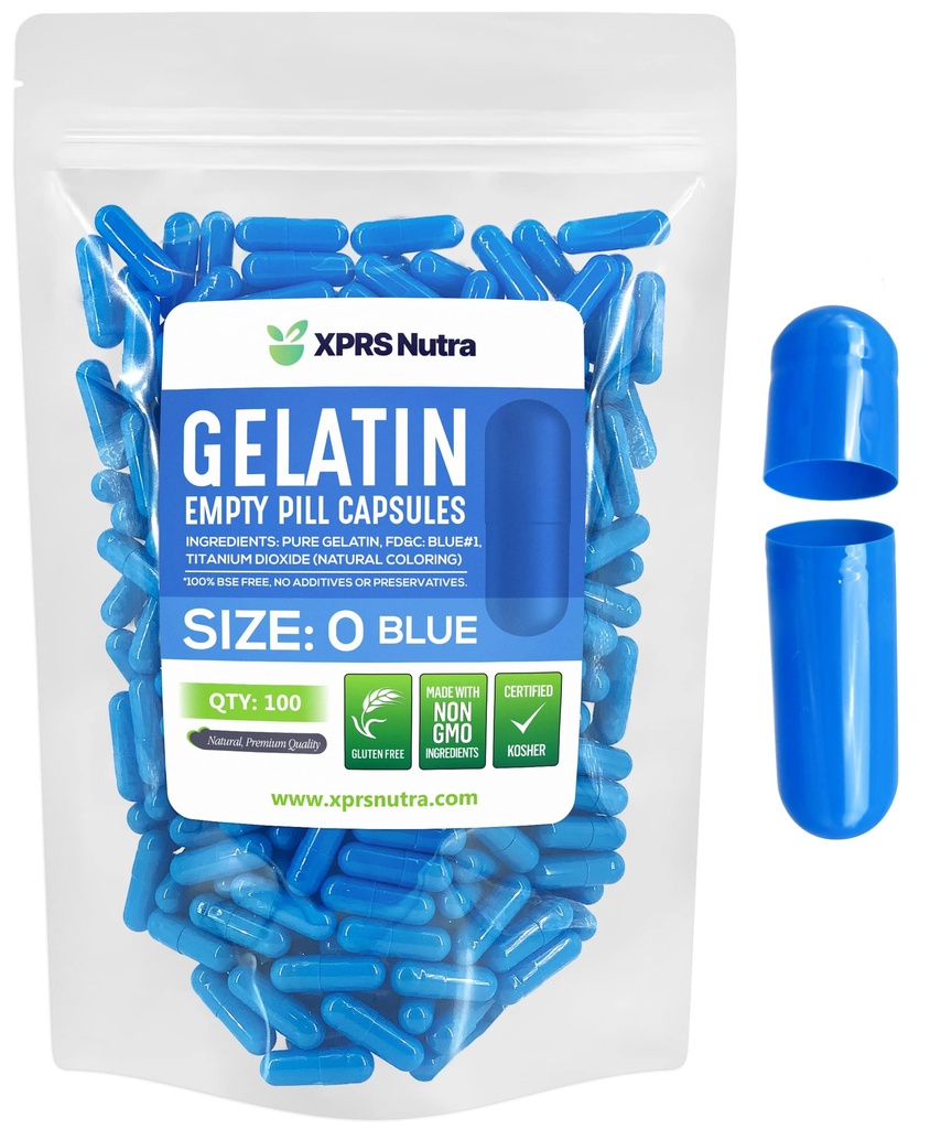 XPRS Nutra Size 0 Empty Capsules - 100 Count Empty Gelatin Capsules - Pills DIY Capsule Filling - Pure Bovine Pill Gel Caps for Do-It-Yourself Supplements (Blue)
