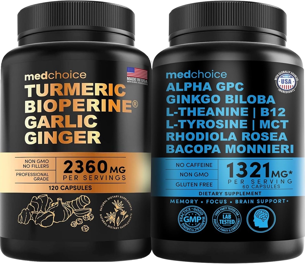 MEDCHOICE Kurkuma & Gember (120ct) en Nootropic Brain (60ct) Supplement Bundle - Wellness Duo for Joint, Digestion, Brain, & Mood Support - Vegan, Non-GMO, Glutenvrij