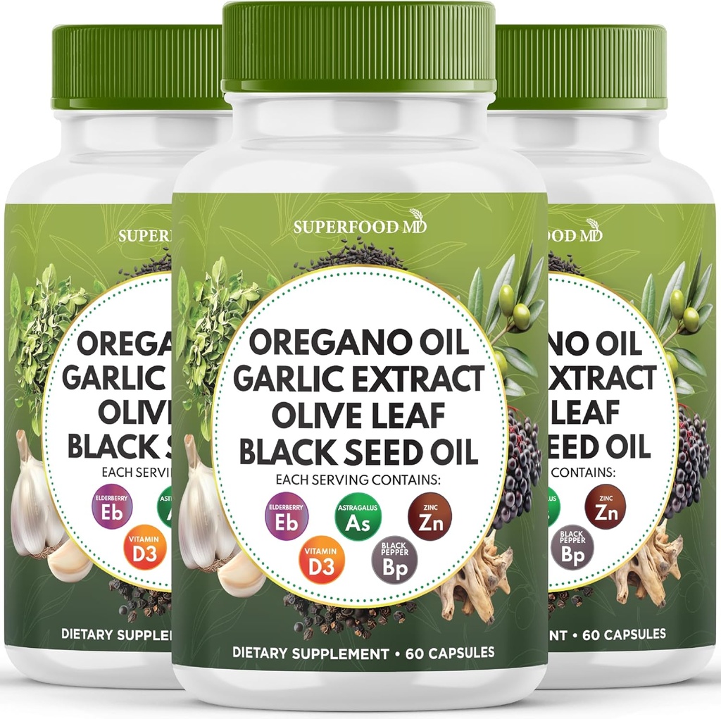 Huile d'Origan Extrait d'ail Olive Leaf Huile de graines noires Astragalus - Supplément de soutien immunitaire pour les femmes et les hommes- 180 Compte