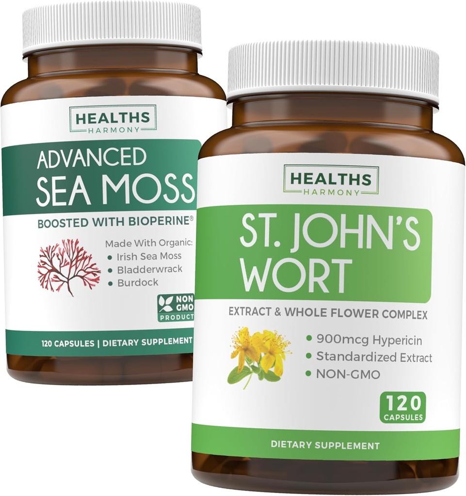 Mousse de mer et millepertuis (2 mois d'approvisionnement) Mélange de mousse d'humeur - mousse de mer d'Irlande biologique - supplément végétalien brut (120 capsules) et millepertuis avec puissant 900mcg Hypericine végétalien non-OGM (120 capsules)
