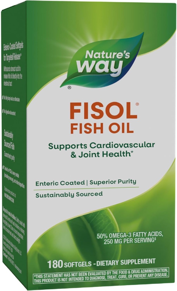 Nature's Way Fisol Fish Oil, Enteric Coated, ondersteunt Cardiovasculaire en Joint Health*, Mega Potency Omega-3s, 180 Softgels (Verpakking mei Vary)