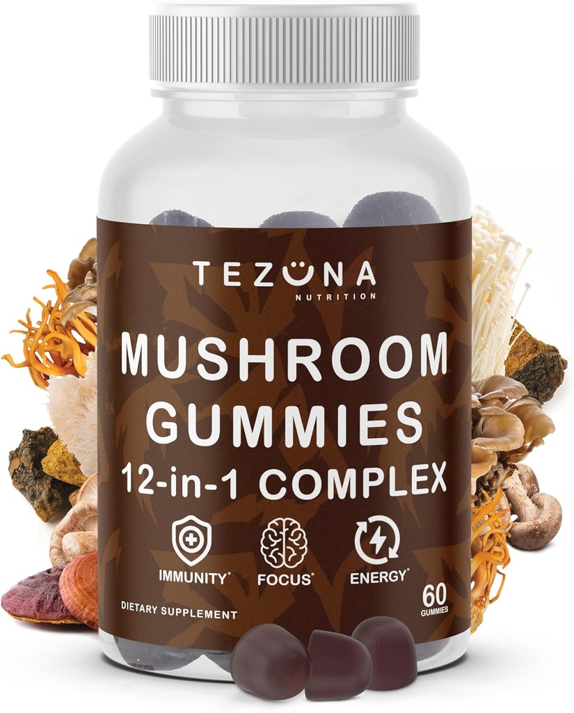 Gummies de Champignons 2 Pack, Supplément complexe 12-en-1 3000mg - Lions Mane, Turquie Tail, Reishi, Cordyceps, Extrait de Champignons - Supplément Cerveau Nootropique pour la Mémoire et Focus, Boost Immunité et Énergie