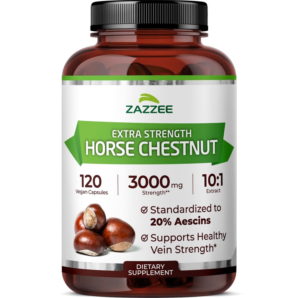 Zazzee Extra Strength Horse Chestnut 10:1 Extract, 3000 mg Sterkte, 20% Aescins, 4 maanden Supply, 120 Vegan Capsules, Geconcentreerd en gestandaardiseerd 10X Extract, All-Natural, Non-GMO, Made in The USA