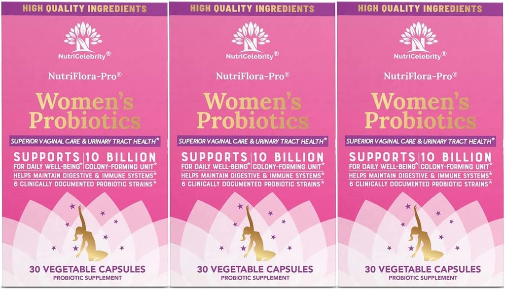 Nutricelebrity Probiotica voor vrouwen 10 miljard CFU 6 Strains, Organic Prebiotics for Digestief,Vaginaal&Immune Health,PH Balance & Vrouwelijke Gezondheid, Period Pain, BV Relief, Cranberry Extract+ 3 Pack