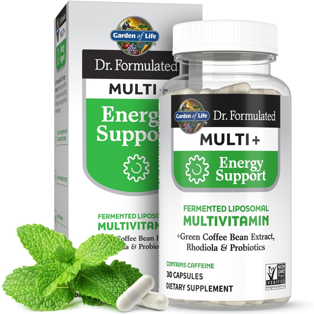 Garden of Life Dr. Formulated Multi+ Energy Support: Fermented Liposomal Multivitamine + Green Coffee Bean Extract, Rhodiola & Probiotica - Boost Energy, Support Digestie & Immune Health, 30 Capsules
