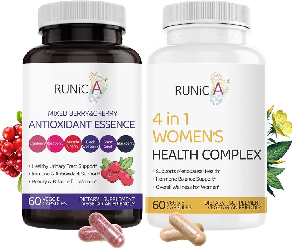 4 in 1 Vrouwen Menopauze Supplement & Gemengde Berry Cherry Antioxidanten Supplement Bundle - Soy Isoflavones, Cranberry en meer