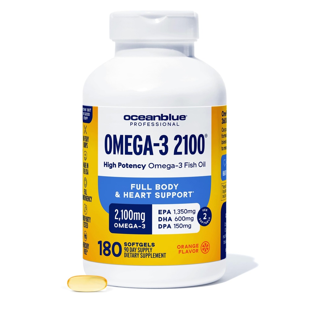 Oceanblue Professional Omega-3 2100 – 180 ct – Supplément d'huile de poisson triple résistance sans Burpless avec EPA, DHA, DPA – Wild-Caught – Orange Flavor (90 portions)