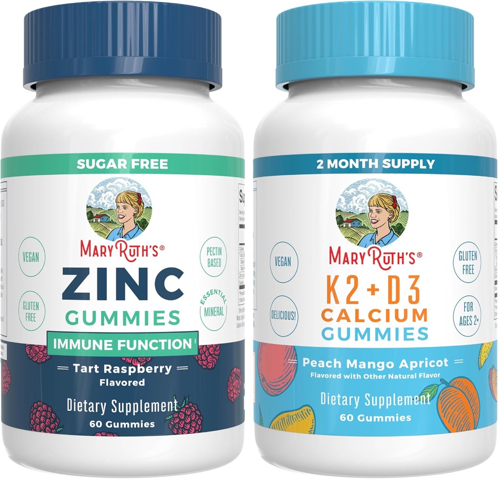 MaryRuth Organics Zink (Tart Raspberry) & Vitamine K2+D3 Calcium Gummies (Peach Mango & Abricot) 