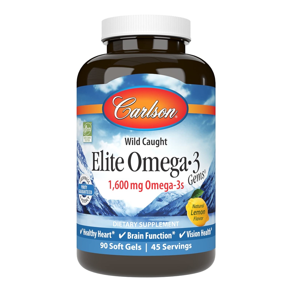 Carlson Elite Omega-3 Gems, 1600mg Omega-3s met EPA & DHA, Wild-Caught Noorse visolie, citroensmaak, 90 Softgels