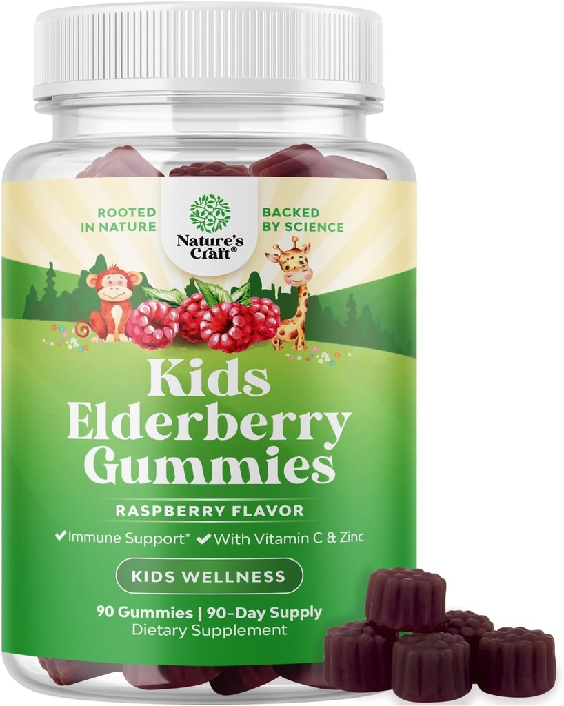 Natures Craft Sambucus Vlierbessen Gummies voor kinderen Gezondheid - Heerlijke zwarte vlierbessen Gummies met zink en vitamine C voor kinderen Immuun Ondersteuning - Gelatine en glutenvrij Non-GMO Immuniteit Ondersteuning 90