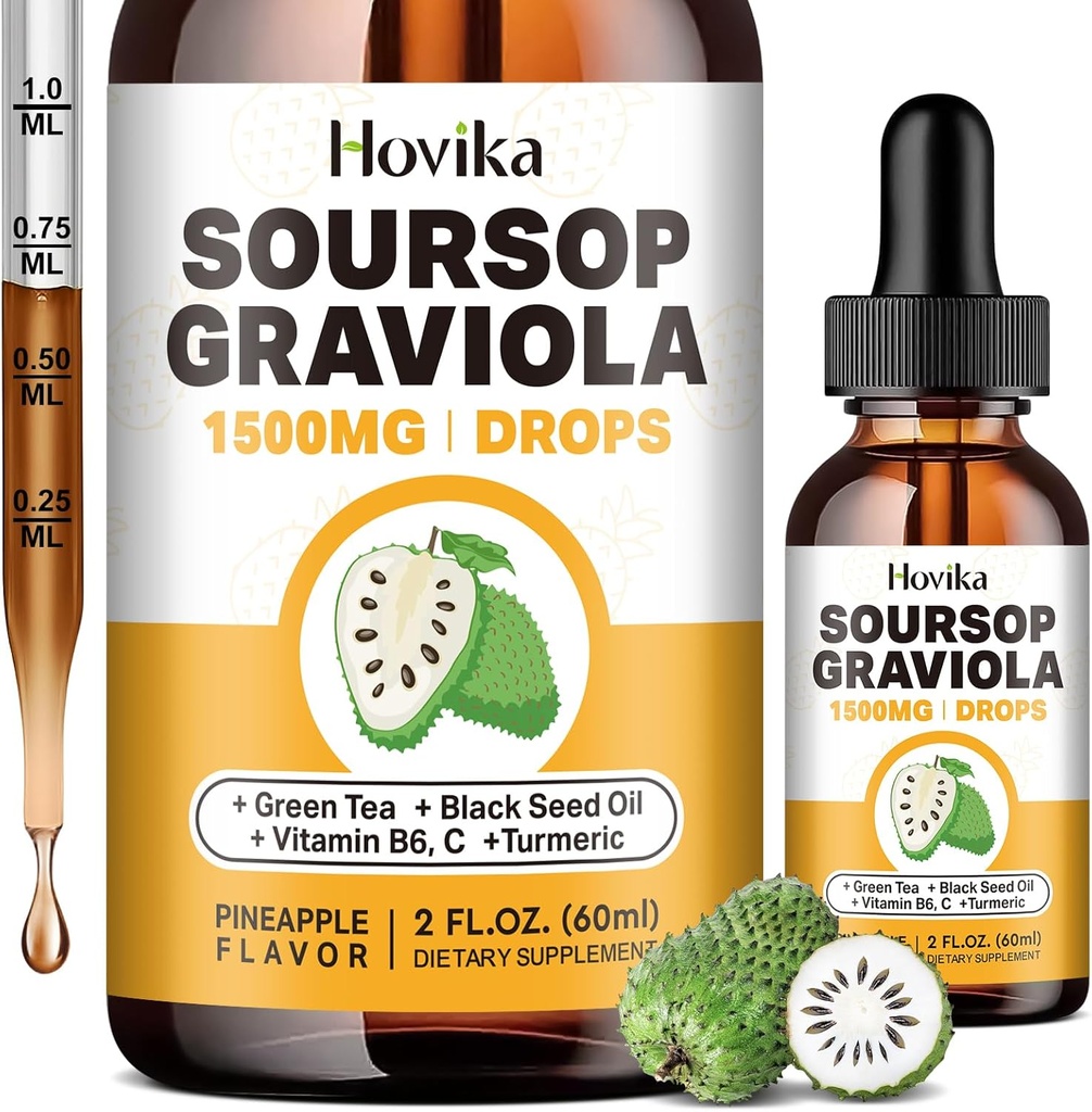 Soursop Graviola Liquid Drops 1500mg - Soursop bladeren & fruit met groene thee, zwarte zaadolie, Kurkuma voor celondersteuning, Immune, Antioxidant - Bitters Liquid, Natural Ananas smaak 2 Fl Oz