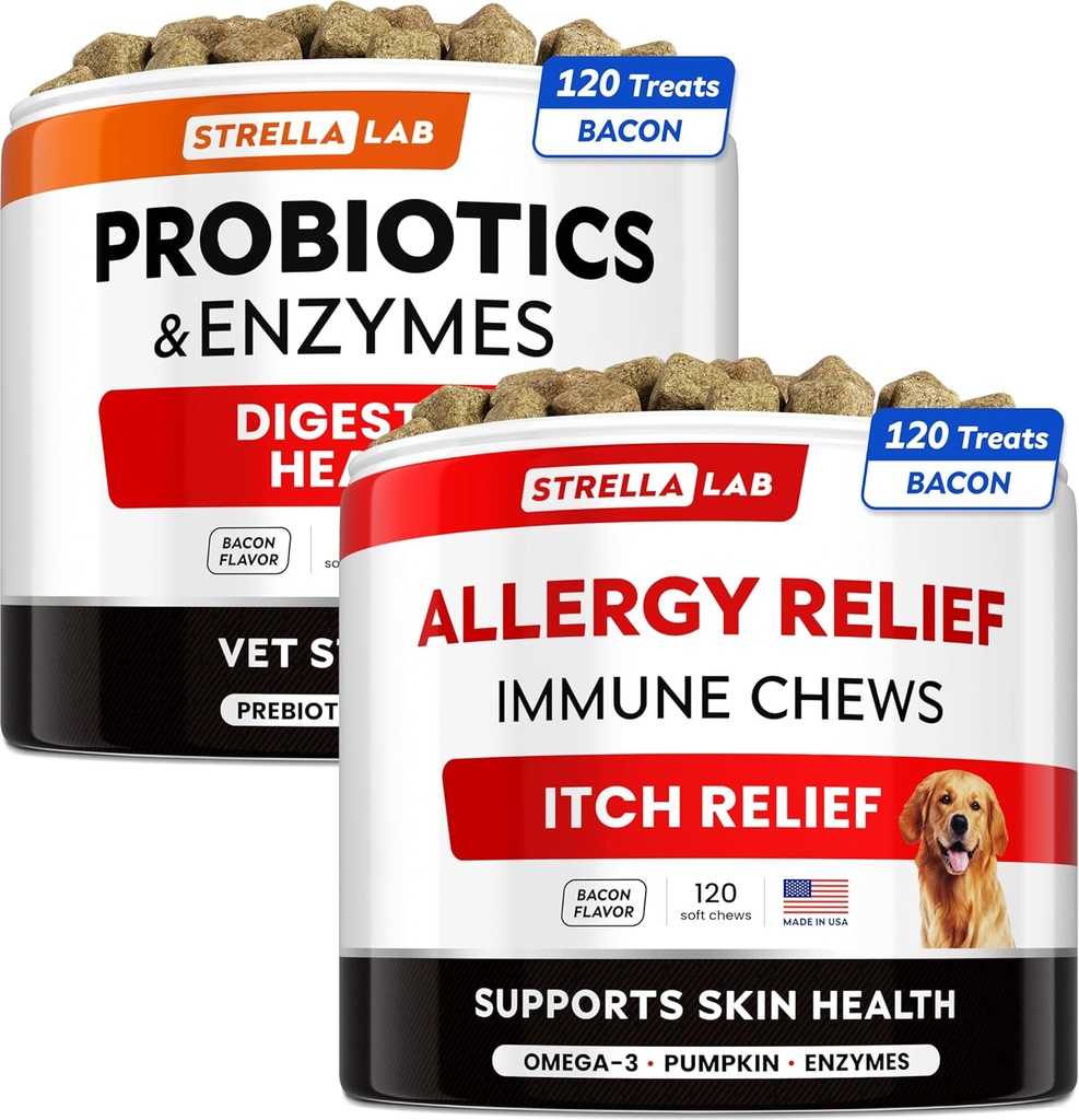 Vet sterkte Probiotica + Allergie verlichting voor honden bundel - Kauwbare vezel Supplement + jeukende huidbehandeling - Digestieve enzymen + pompoen - Upset Maag Relief + Hotspot Relief -240 ct - Made in USA