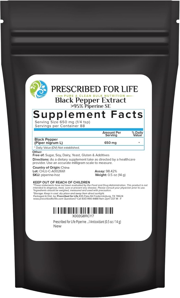 Prescripted For Life Piperine Powder, 95 % de poudre d'extrait de poivre noir, stimule l'absorption des nutriments, sans gluten, végétalien, non OGM, antioxydant naturel (0,5 oz / 14g)