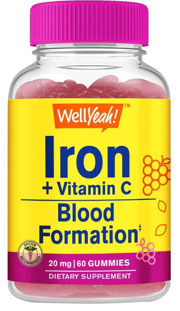 WellYeah Iron Gummies met vitamine C - Anemie en Cellular Energy Ondersteuning, bevordert Red Blood Cell vorming - Energie & Immuun System Ondersteuning -Natural Grape Flavor-60 Gummies