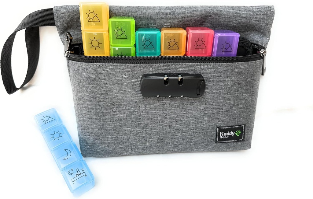 Kaddy Weekly AM/PM Secure Pill Organizer Box, (7-Day / 4-Times-A-Day) Portable Reizen met grote afdelingen voor medicatie, supplementen en vitamines, 3 Digit Lock voor veiligheid