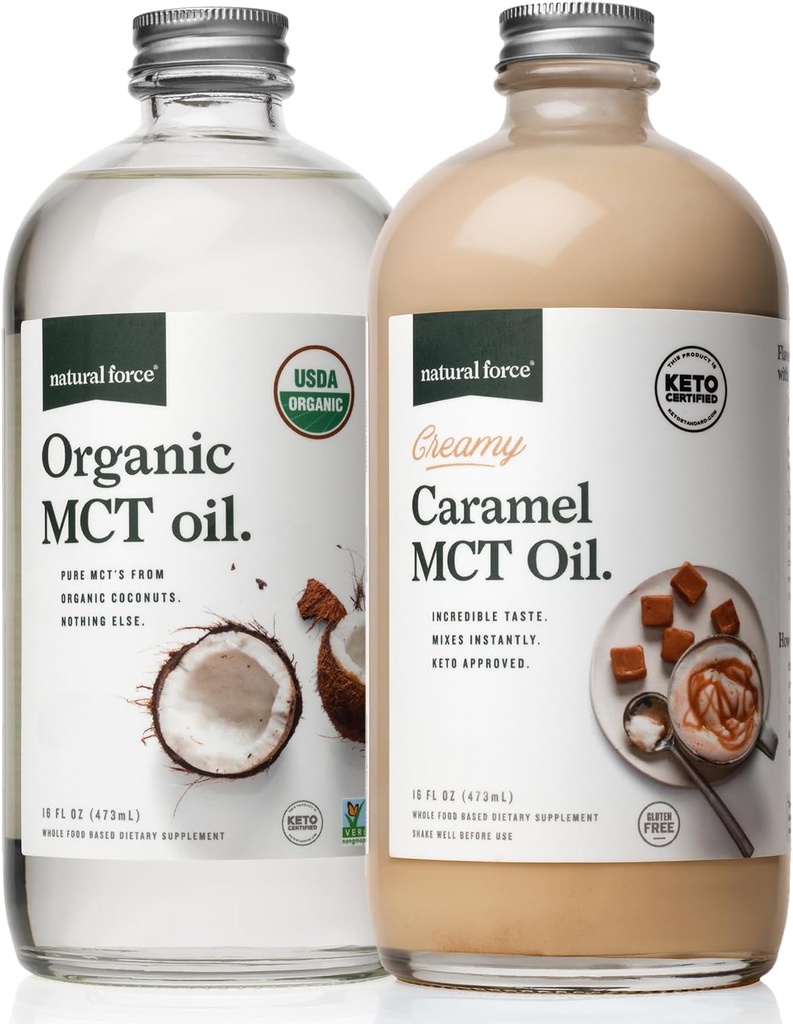 Force naturelle Caramel crémeux MCT Huile + spectre complet biologique MCT Huile – Sans gluten, sans OGM, 100 % de noix de coco pures MCT de noix de coco biologiques – Keto, Paléo et Vegan – 2 bouteilles en verre de 16 onces