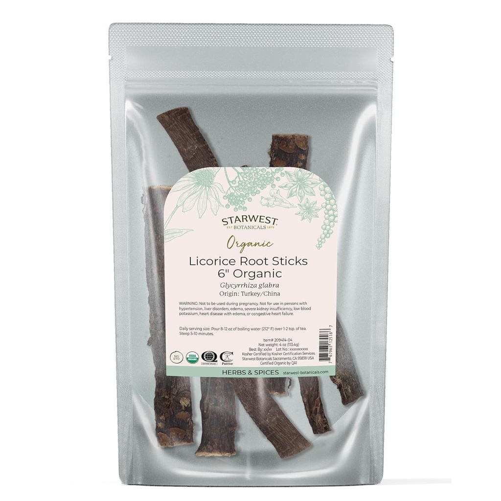 Starwest Botanicals Biologische gedroogde likeurwortelsticks 6" - Herb for Loose Leaf Tea Blends, Candy, & Baked Goods, Cut & Sifted, Certified Kosher, Non-GMO - 4 oz Pouch