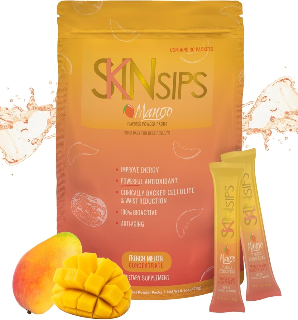 Skin Health & Energy Boost Drink Mix- Suikervrij, SOD B (TM), Antioxidanten uit het Franse Meloen Concentraat, On The Go Stick Packs, Mango, 30 Pack