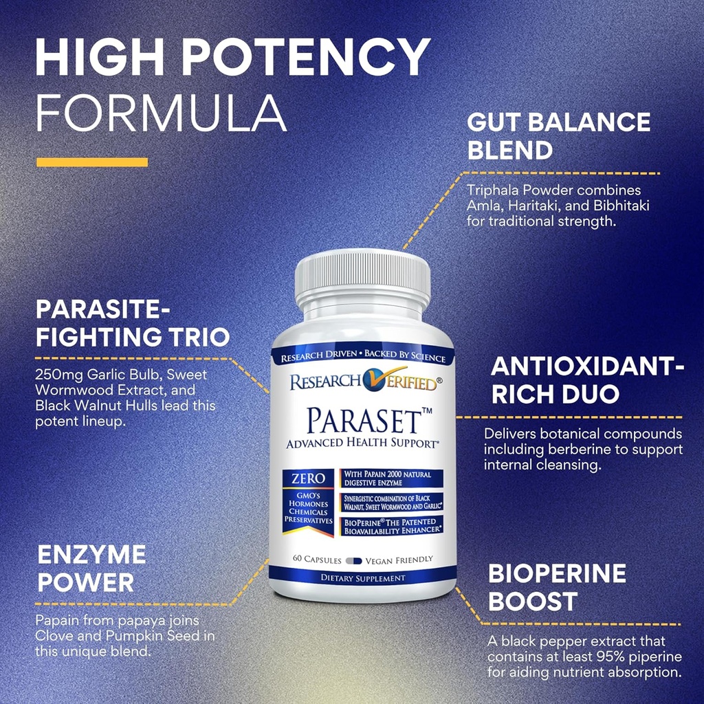 Paraset vérifié de recherche - 120 capsules - Enhancer naturel de la santé de Gut - Bulbe d'ail, Papaine, Wormwood doux, Noix noire, BioPerine - Vegan