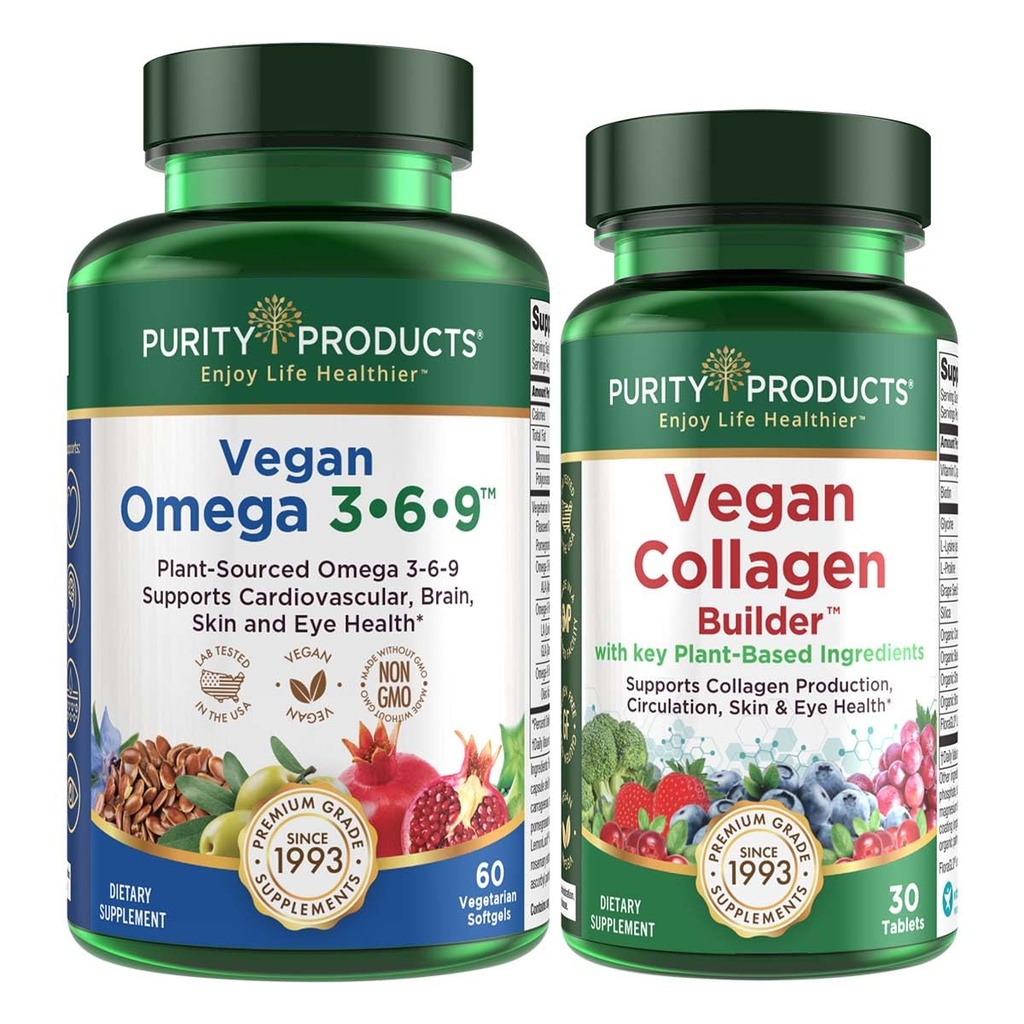 Ensemble de produits de pureté - Vegan Omega 3-6-9 + Vegan Collagen Builder Omega 3-6-9 (=5 en 1=) Acide gras essentiel Omega à base végétale - Vegan Collagen Builder (w/ingrédients clés à base végétale et plus)
