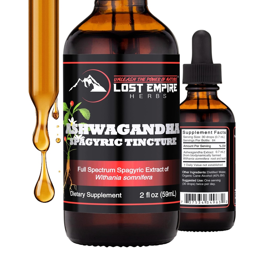 Lost Empire Herbes Ashwagandha Teinture Spagyric - gouttes liquides extrait de racine pour les hommes, les femmes, le sommeil, le cortisol - Meilleur supplément Ashwagandha USA Grown Organic (2 fl oz)