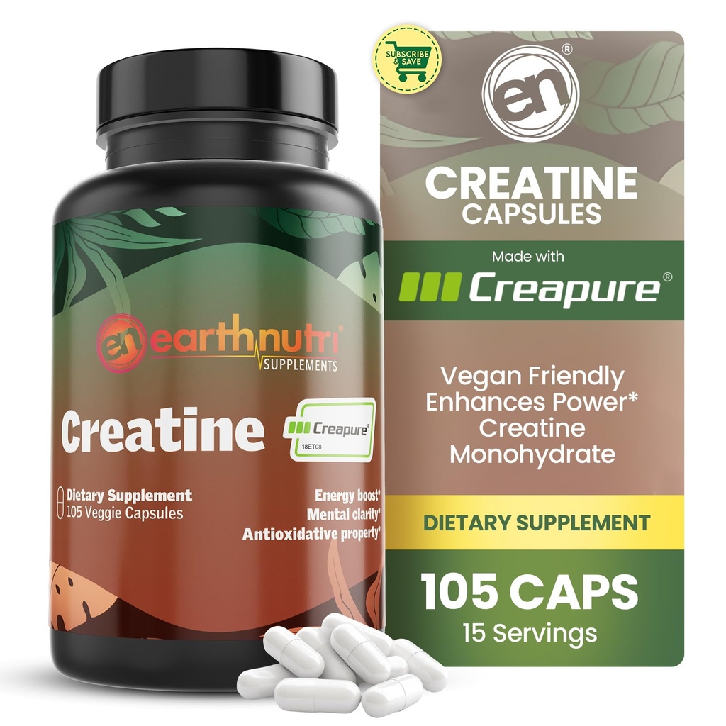 EarthNutri Creatine Capsules monohydratées - Micronisées pour une meilleure absorption - Supporte la force musculaire, la force et la récupération - 105 Capsules (5000mg par portion, 7 Capsules)